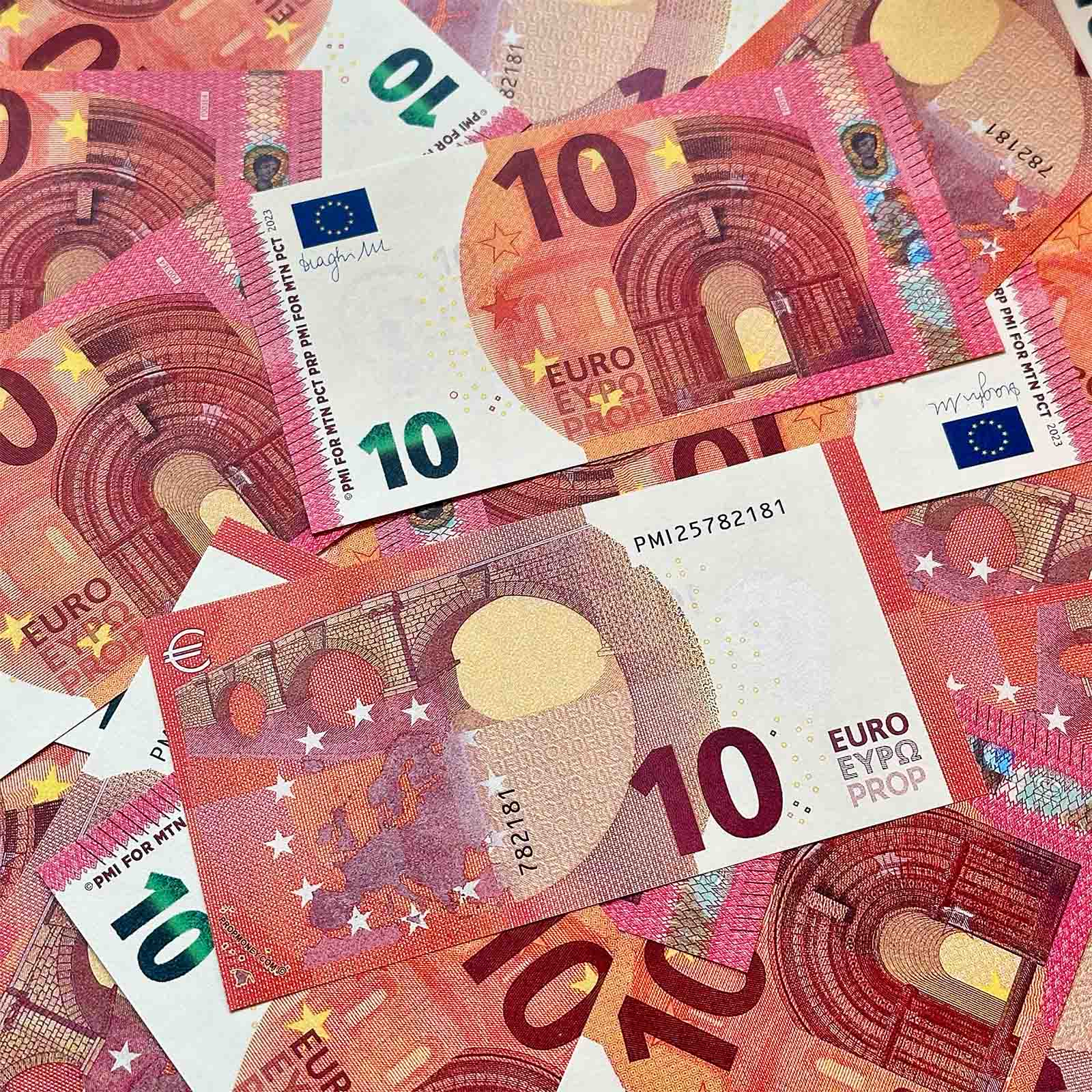 Prop €10 Euro banknotes — fanned stack showing front and back detail