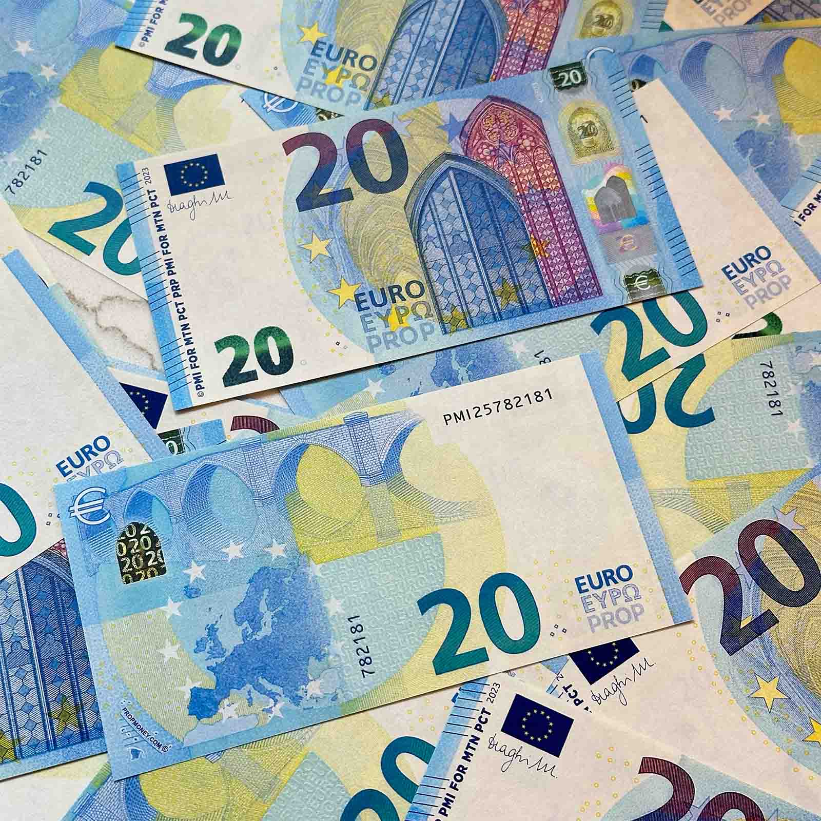 Prop €20 Euro banknotes — fanned stack showing front and back detail