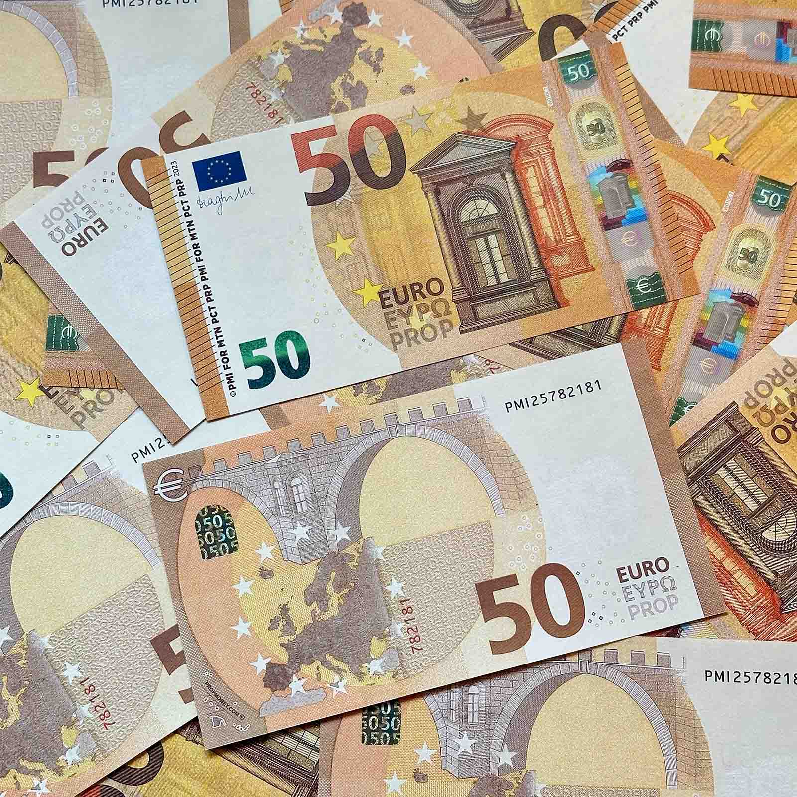 Stack of €50 prop euro banknotes fanned out