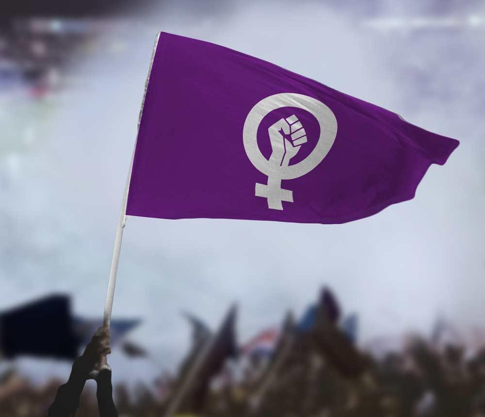 Feminism Flag — carried at a protest or rally