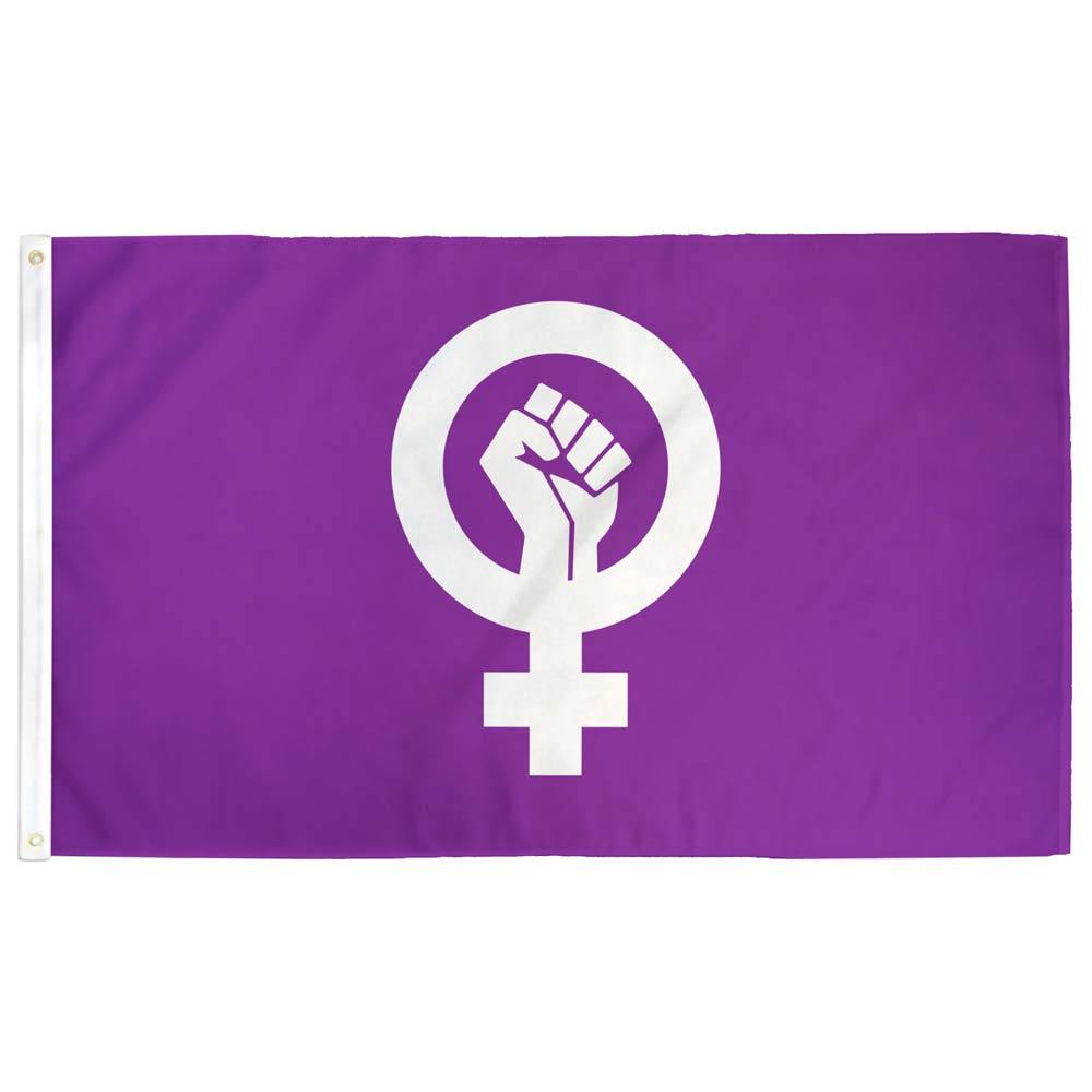 Feminism Flag — white female symbol with raised fist on purple field, 3x5ft
