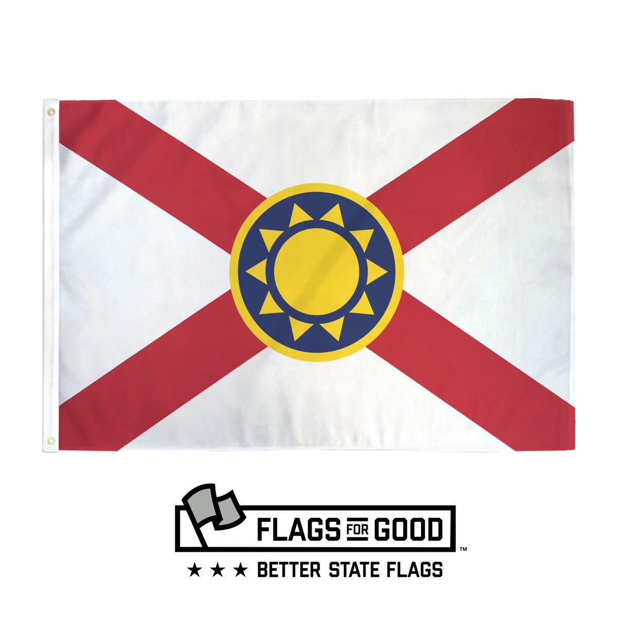 Florida Sunshine Flag — red X on white with central yellow sun, 3x4.5ft