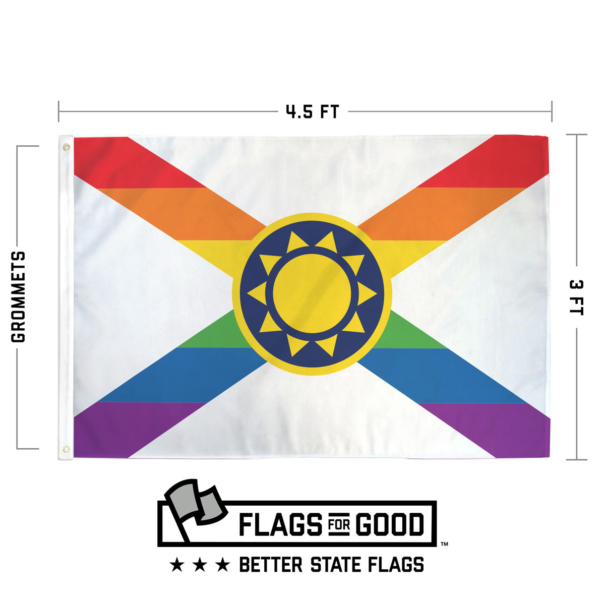 Florida Sunshine Pride Flag specs — size, grommet, and double-stitched edge details