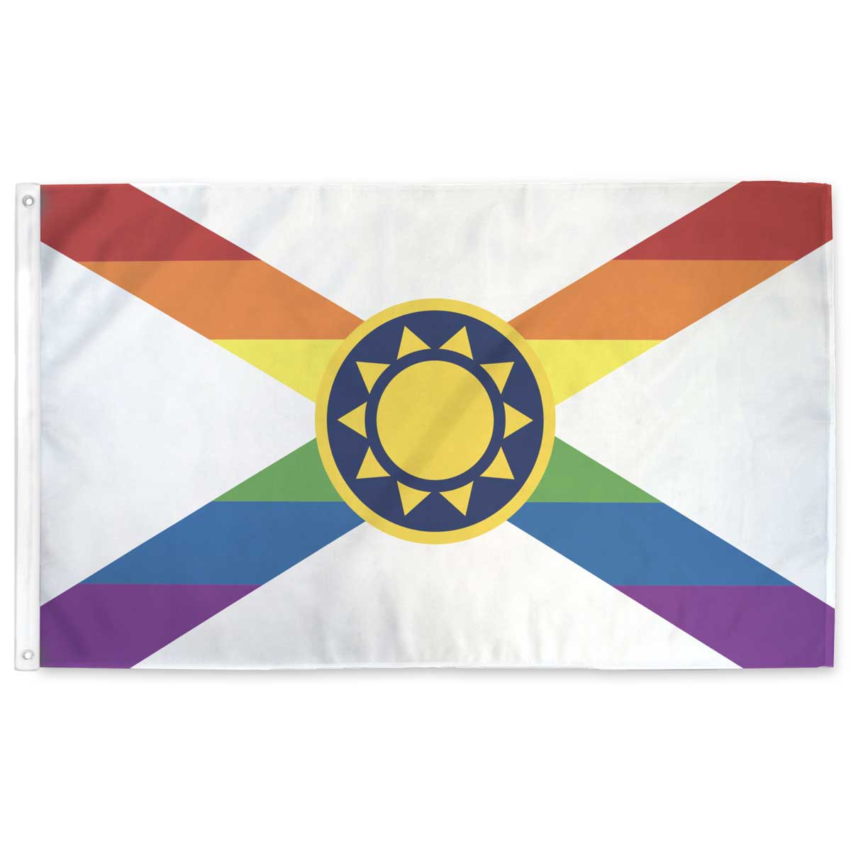 Florida Sunshine Pride Flag — white field, rainbow saltire, sun center, 3'x4.5'