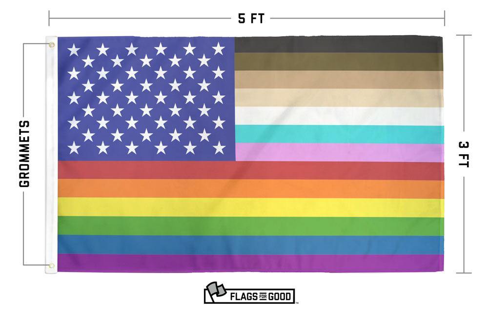 "For All" rainbow US flag size and specs diagram — available in 12×18in, 2×3ft, and 3×5ft