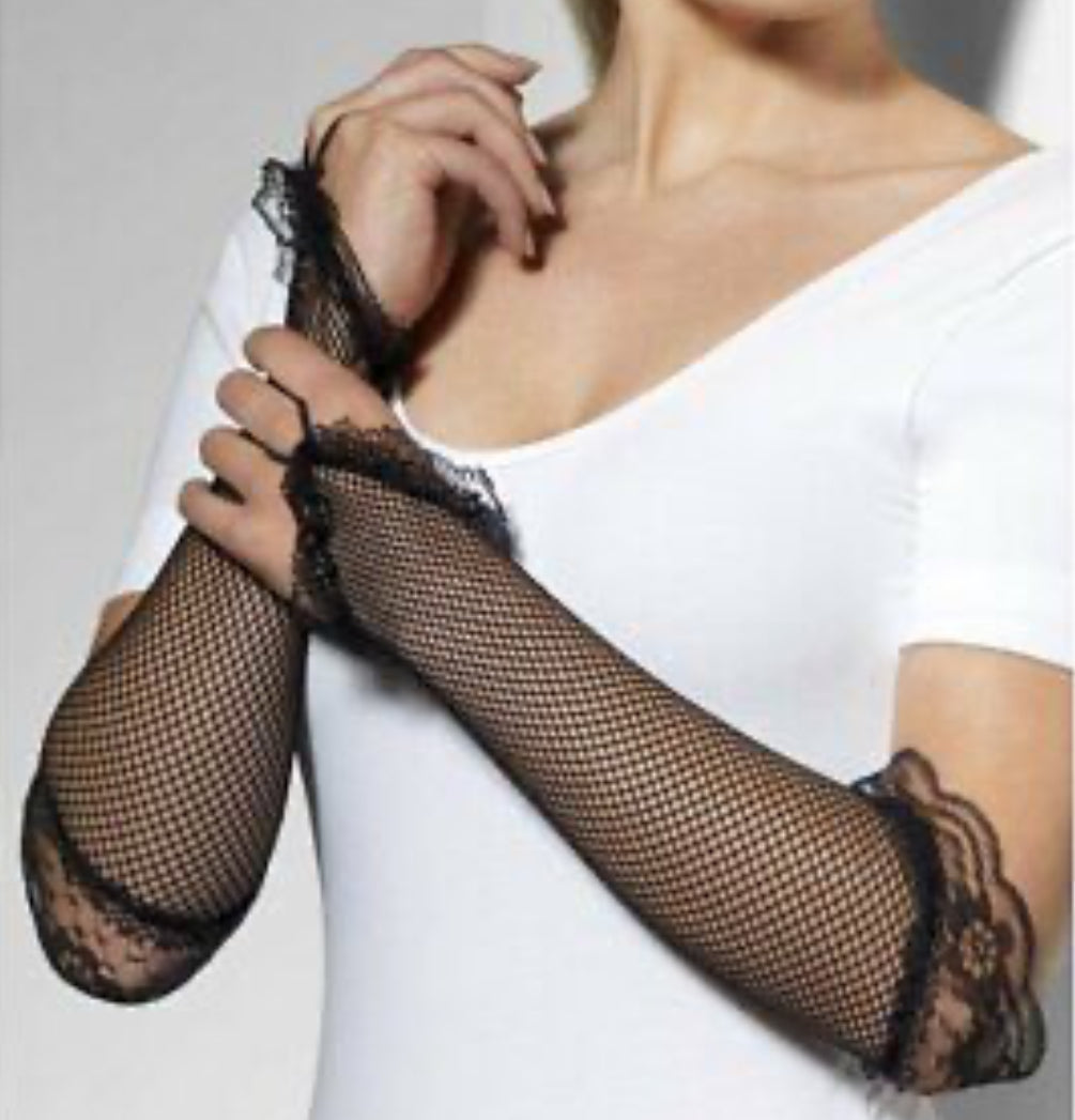 Black fishnet fingerless gloves with lace trim — adult, one pair