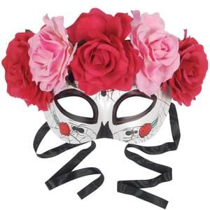 Day of the Dead half mask — white skull face with attached decorative flowers