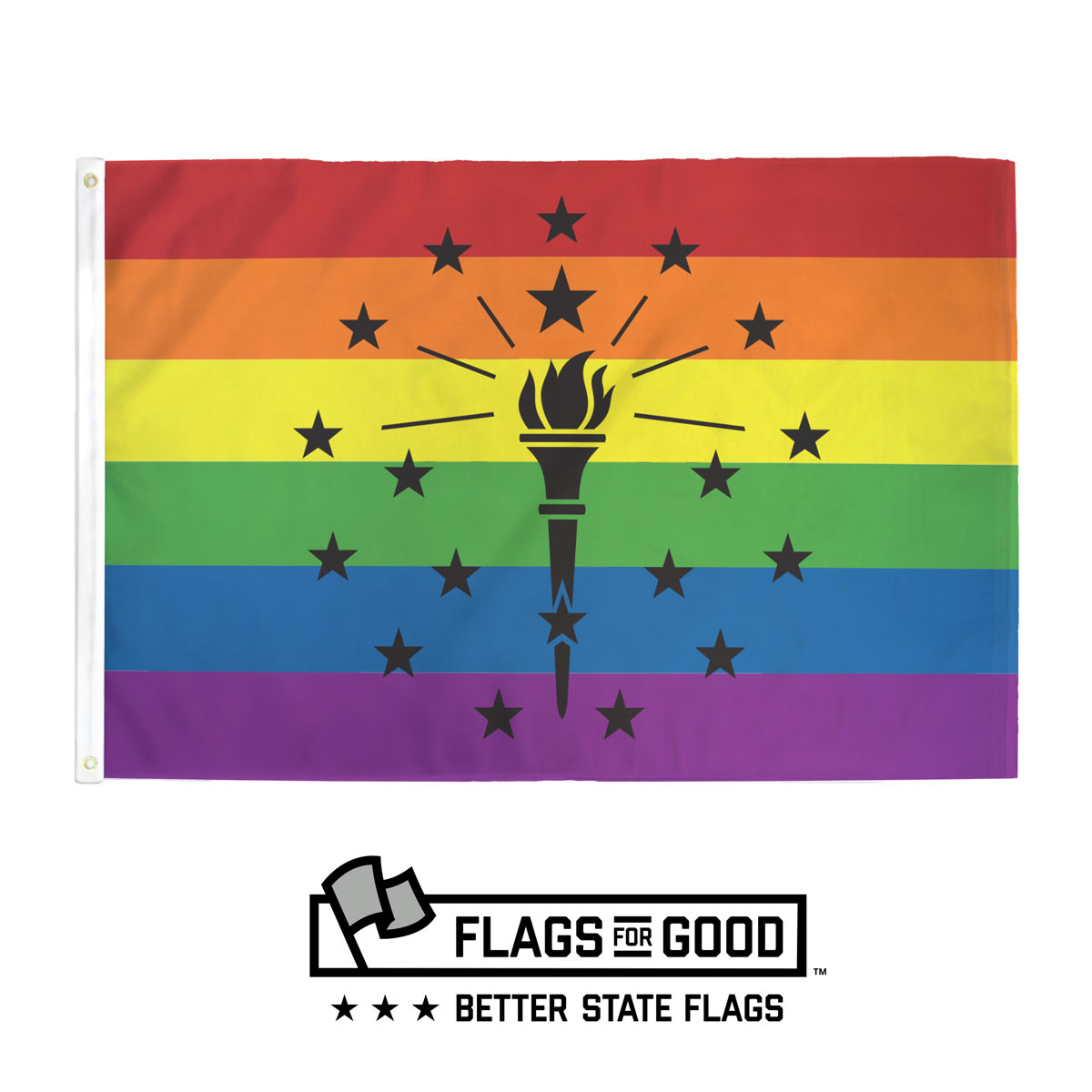 Indiana Rainbow Pride Flag — black torch and stars on rainbow stripe background, 3'x5' with grommets