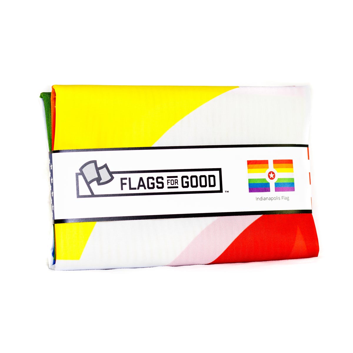 Rainbow Indianapolis Pride Flag folded, showing polyester fabric and grommets