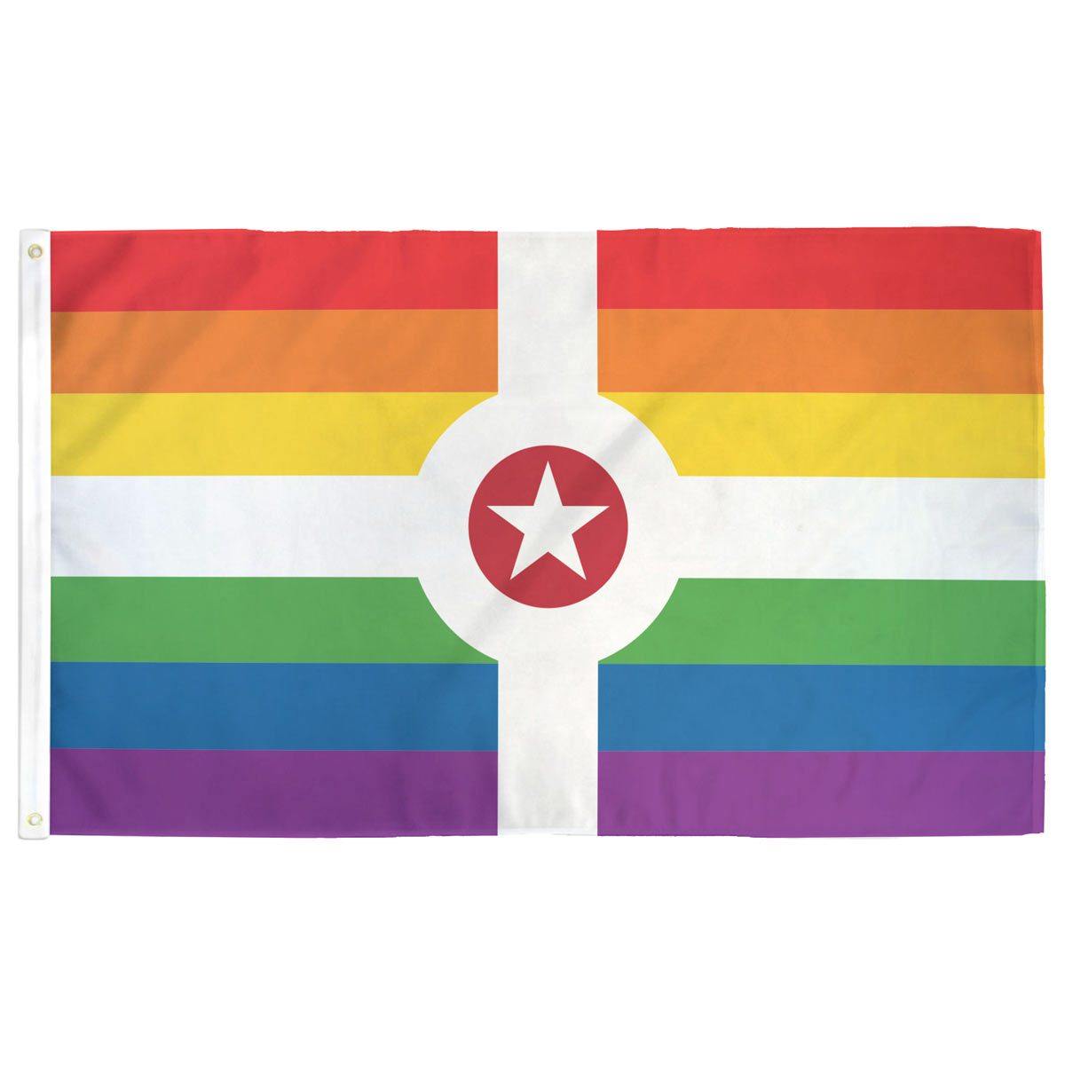 Rainbow Indianapolis Pride Flag — 3x5 ft, Indy flag overlaid with 6-stripe rainbow pride design