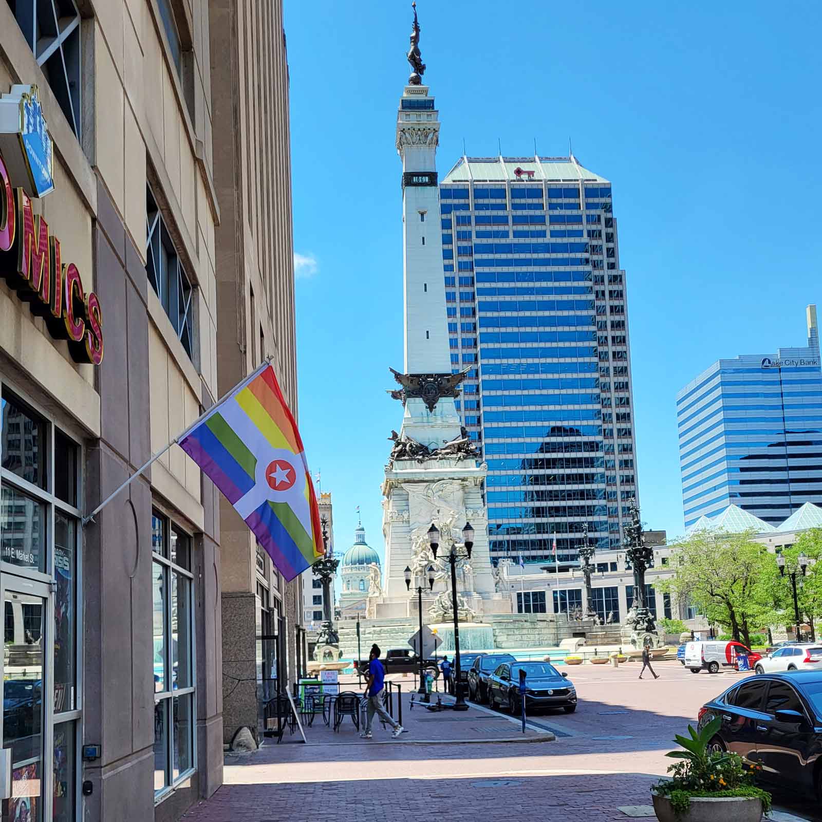 Rainbow Indianapolis Pride Flag circular detail showing LGBTQ rainbow stripe overlay on Indy design