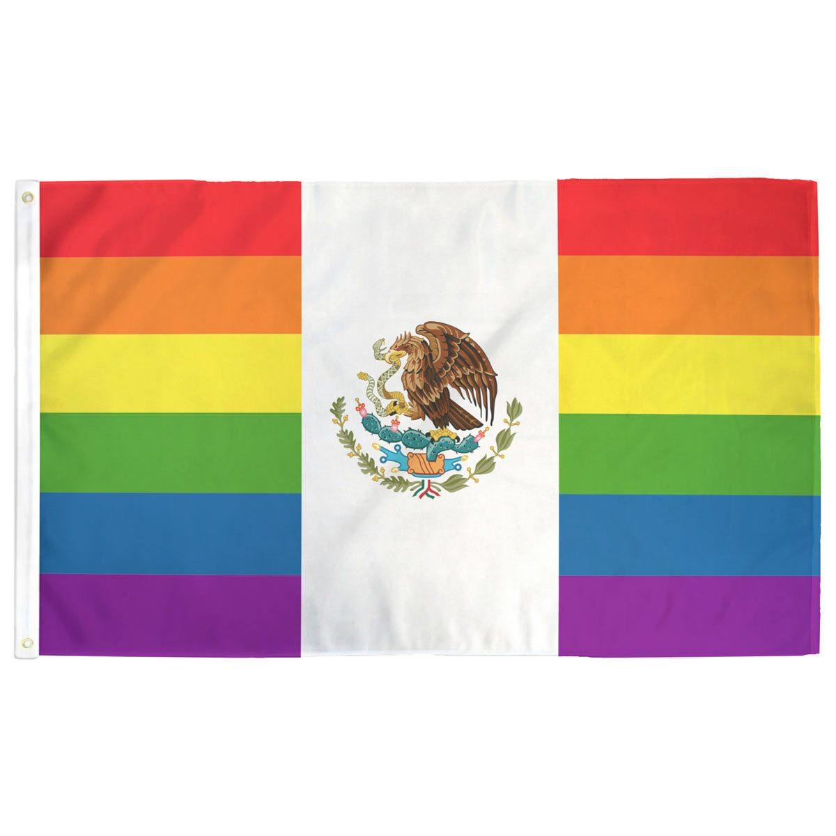 Mexico Rainbow Pride Flag — Mexican tricolor with rainbow stripes on sides, 3x5 ft with grommets