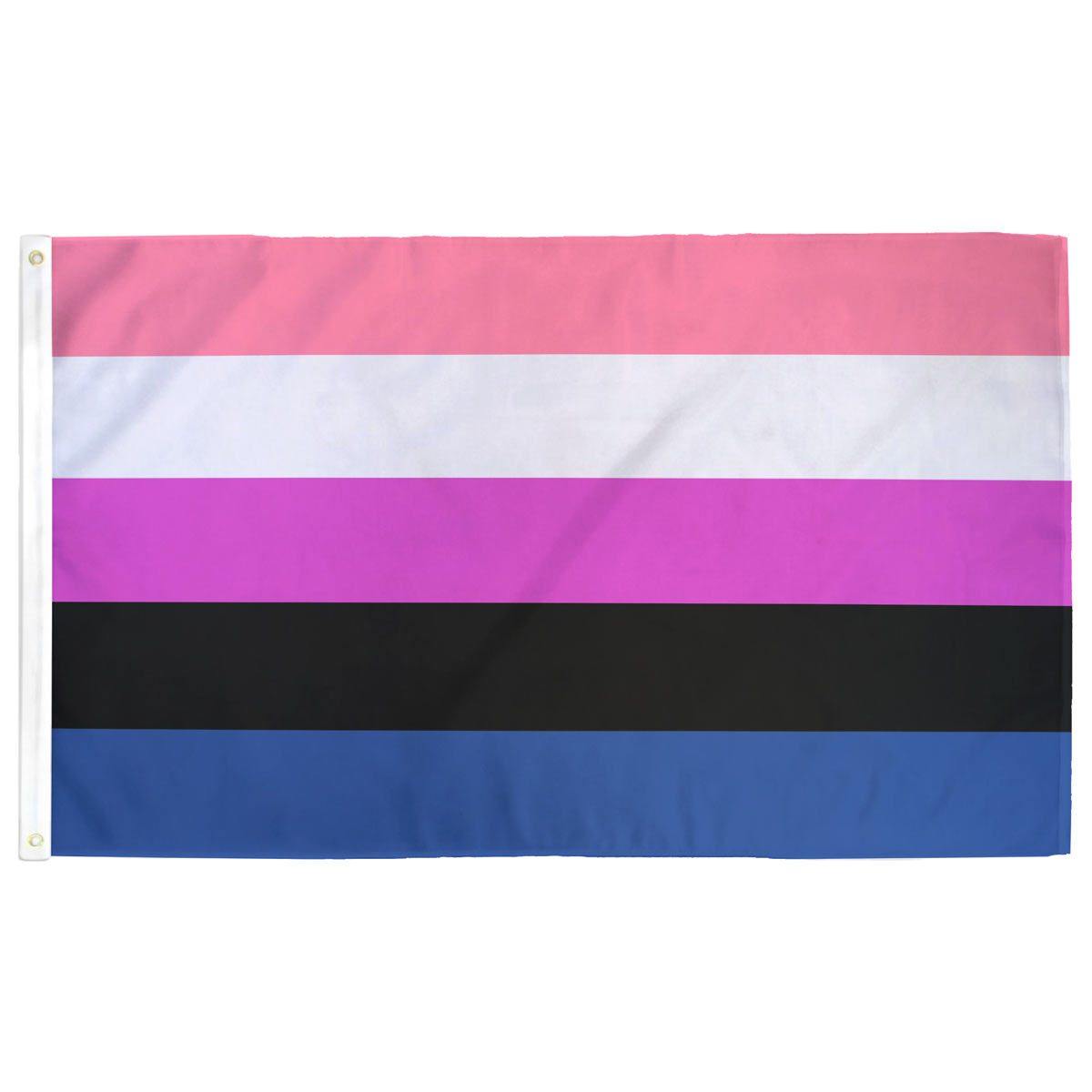 Gender Fluid Pride Flag — pink, blue, purple, black, white horizontal stripes, 3'x5' with grommets