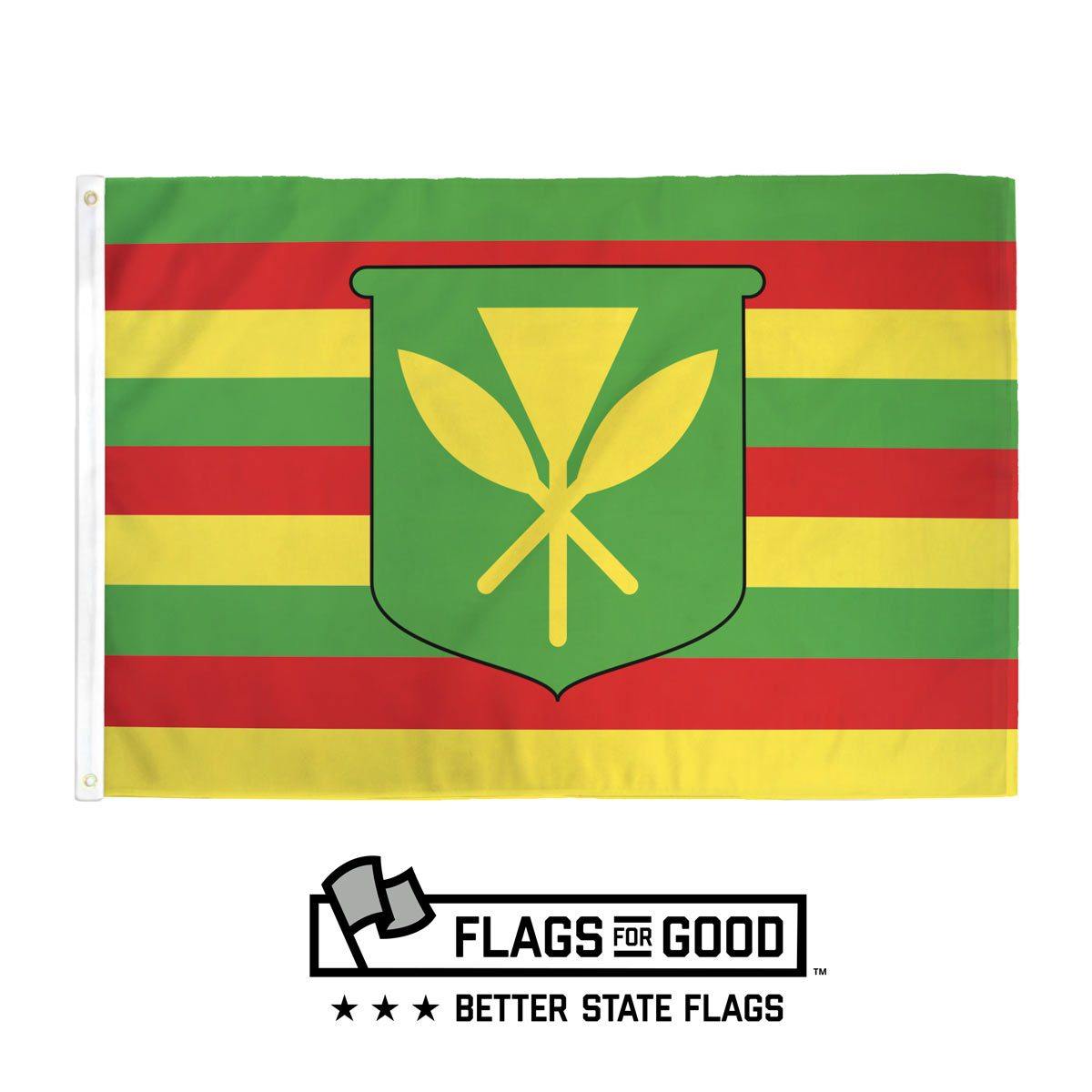 Kanaka Maoli flag — green, red, and yellow horizontal stripes with traditional Hawaiian symbols