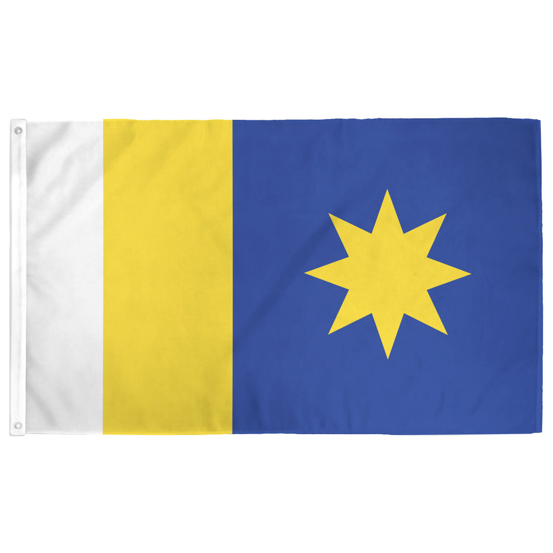 Hutchinson, Kansas Flag — horizontal white, gold, and blue stripes with wheat and salt crystal emblem
