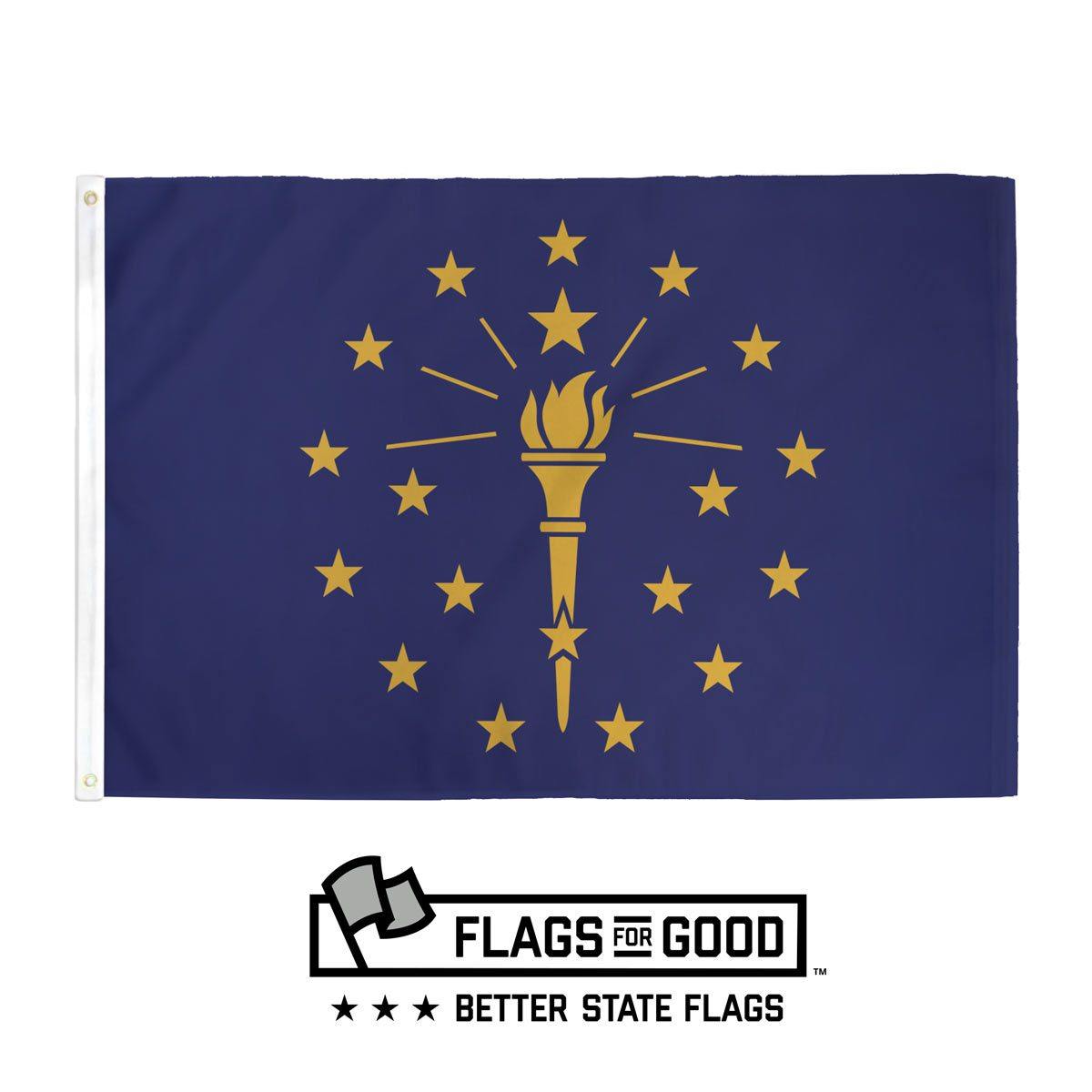 Indiana Flag — navy blue with gold torch and stars, 3'x5' with grommets, word INDIANA removed