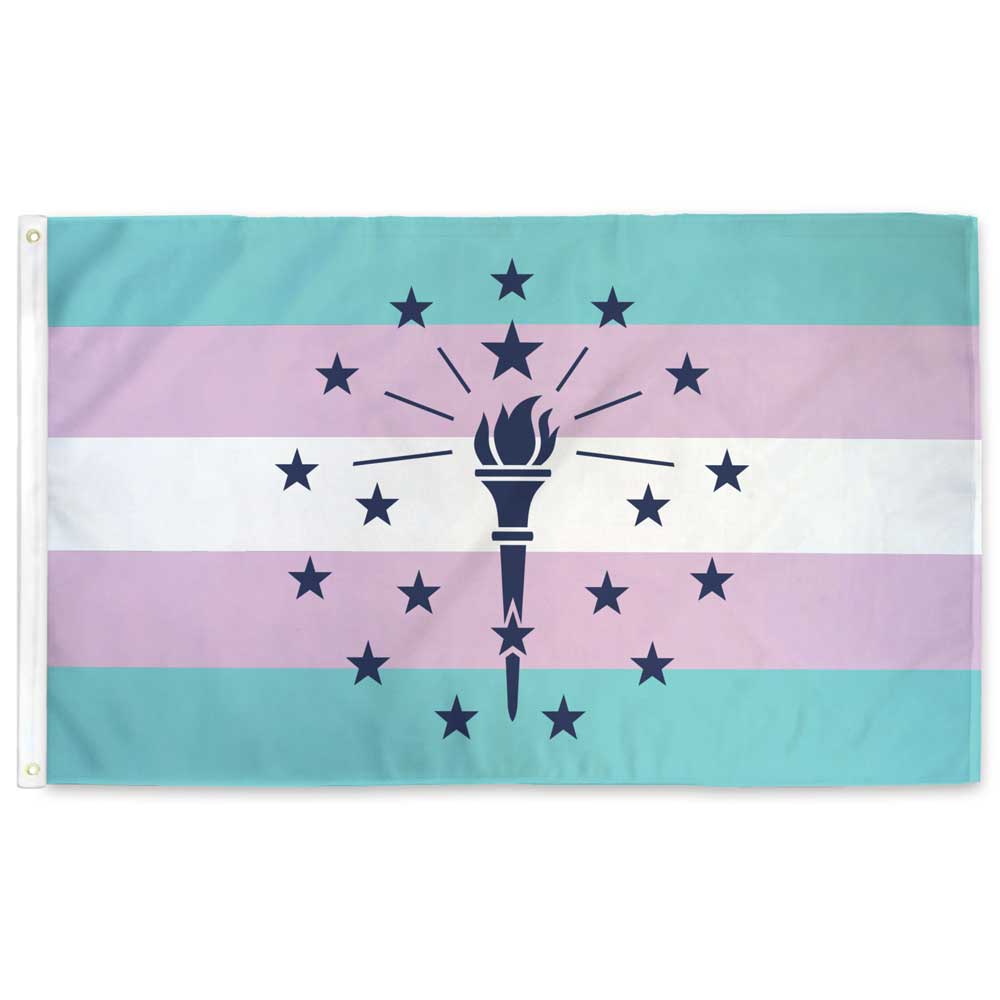 Indiana Transgender Pride flag — state torch emblem over pink, white, and blue trans pride stripes