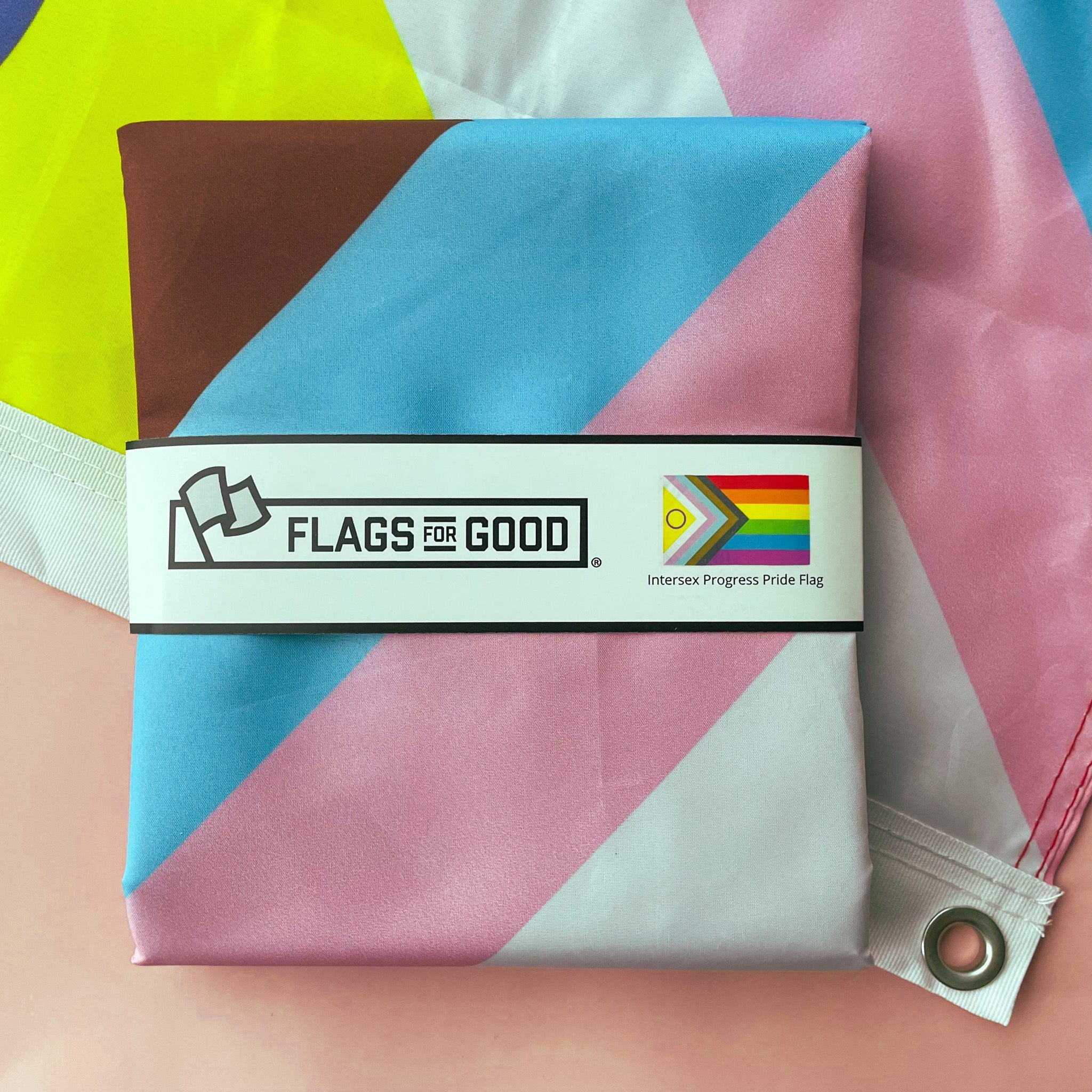 Intersex Progress Pride Flag — 3ft x 5ft alternate view showing grommets and stitched edges