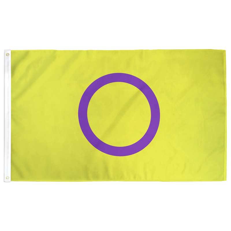 Intersex Pride Flag — yellow field with centered purple circle, grommets and double-stitched edges