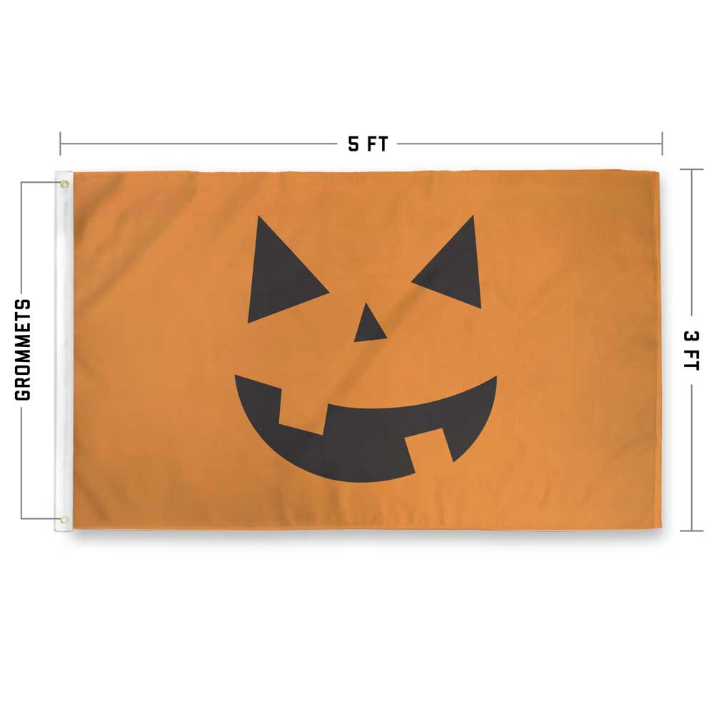 Jack-o'-Lantern Pumpkin Flag — specs view showing grommets and double-stitched edges