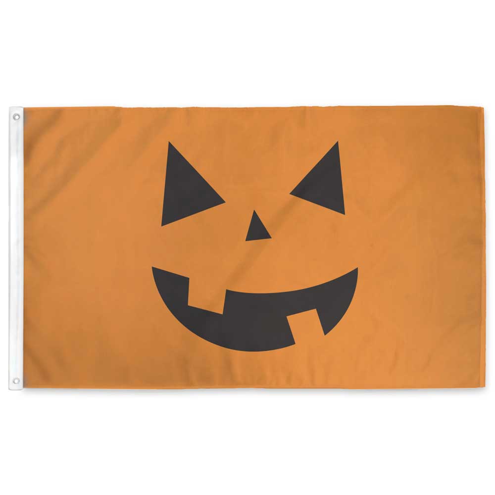 Jack-o'-Lantern Pumpkin Flag — orange carved pumpkin face on black, 3ft x 5ft