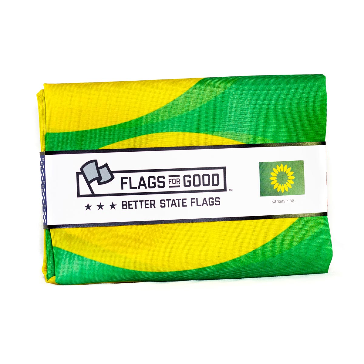 Redesigned Kansas flag folded, showing sunflower design on green field