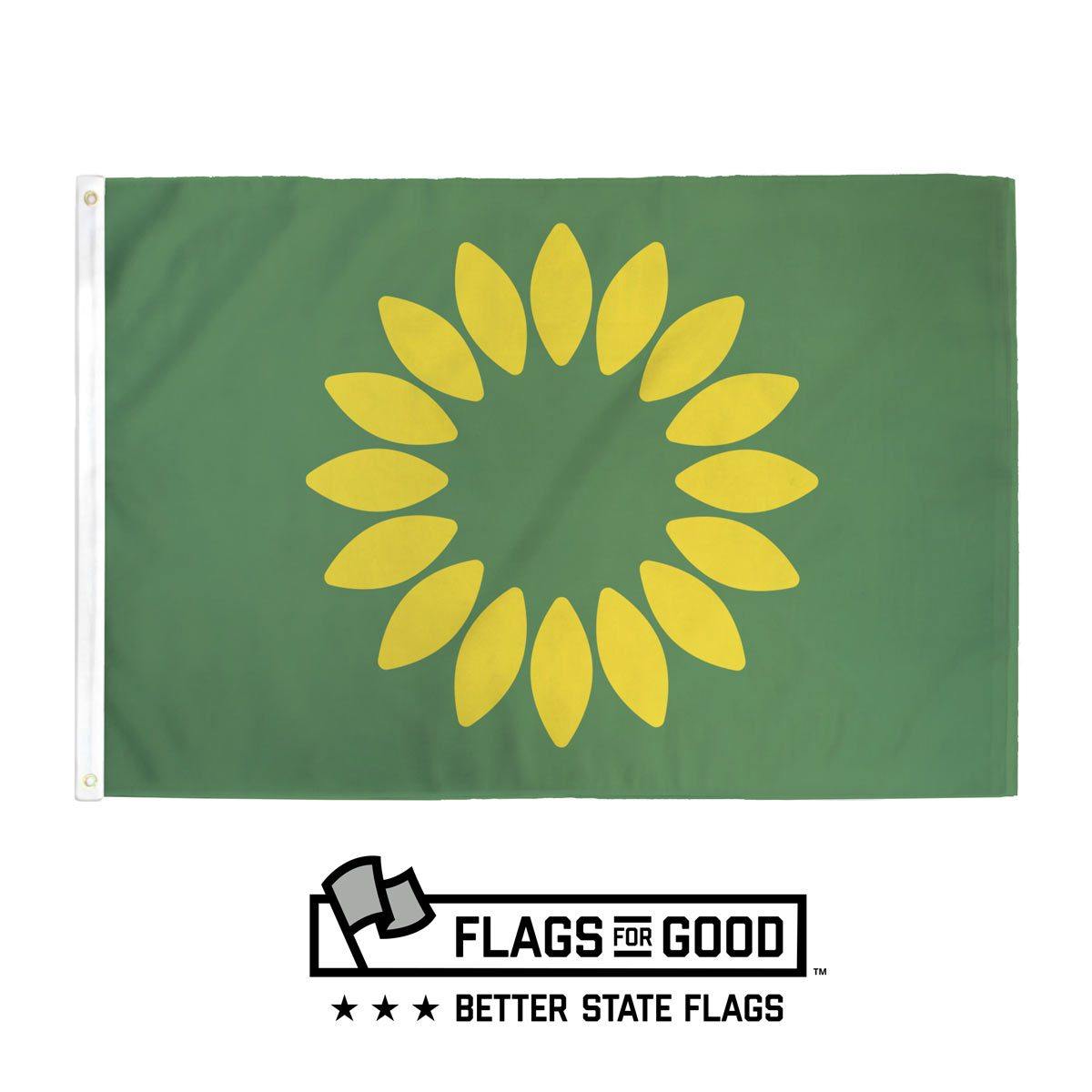 Redesigned Kansas flag specs — gold sunflower with 16 petals on green field