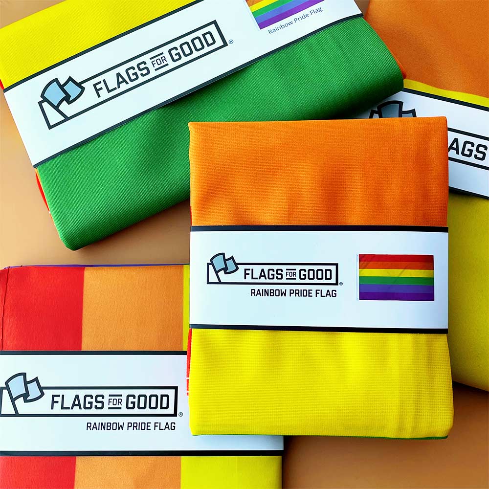 Rainbow Pride flags — size comparison showing small, medium, and large variants