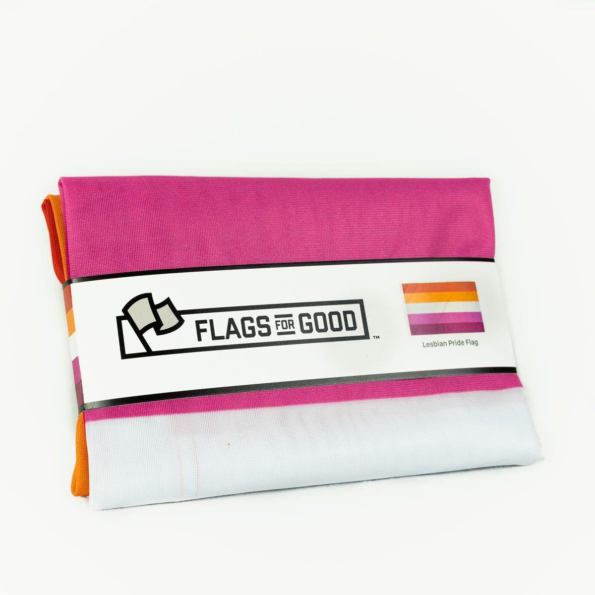 Lesbian Pride flag folded, showing packaging and grommets