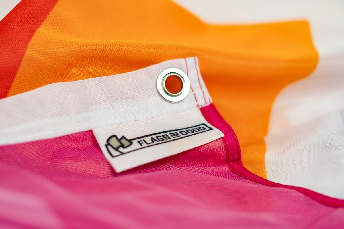 Lesbian Pride flag product tag with care and material details