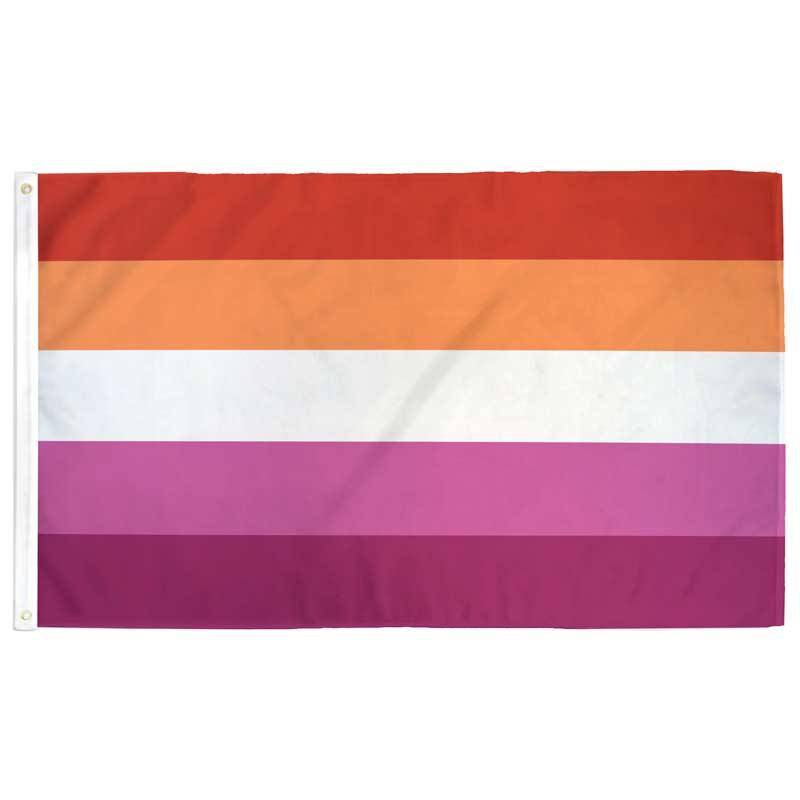 Lesbian Pride flag — 5-stripe orange-to-pink sunset gradient, packaged view