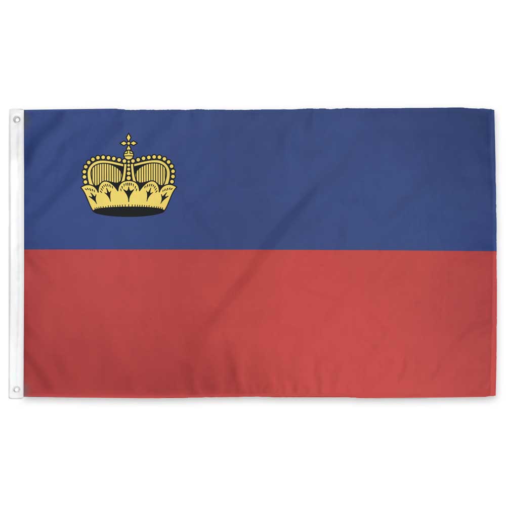 Liechtenstein flag — blue and red horizontal bicolor with gold crown, 3x5 ft