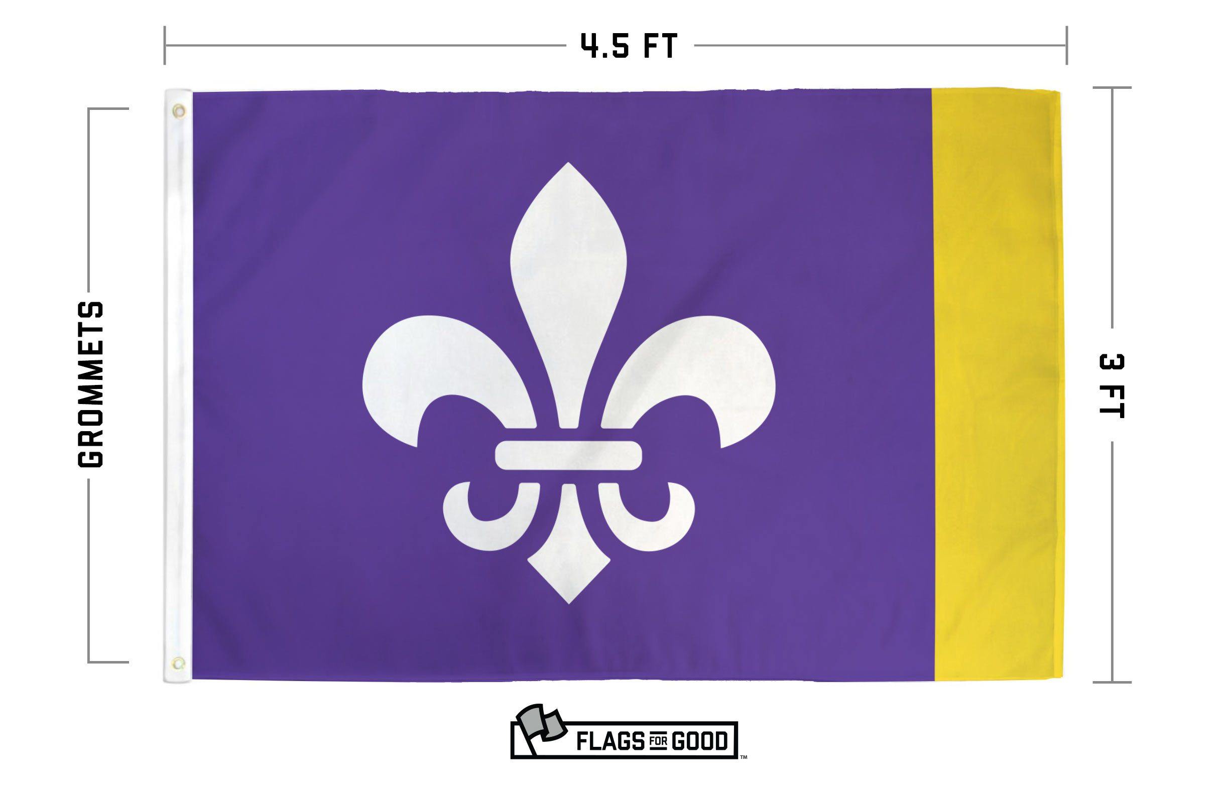 Louisiana Mardi Gras flag — spec sheet showing dimensions and construction details