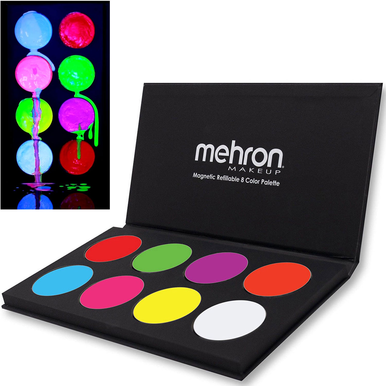 Mehron Paradise Makeup Palette Neon UV Glow — 8-color neon water-activated cake makeup