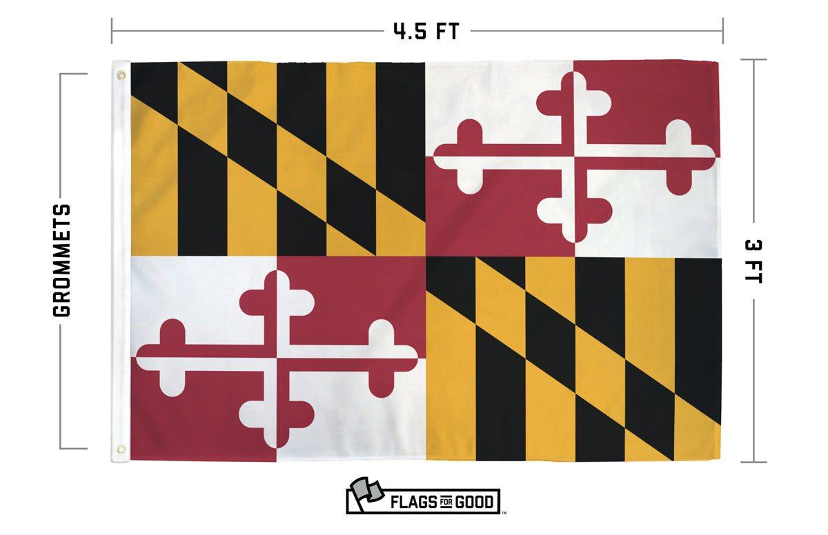 Maryland flag size and spec comparison — 2×3 ft and 3×5 ft options with grommets