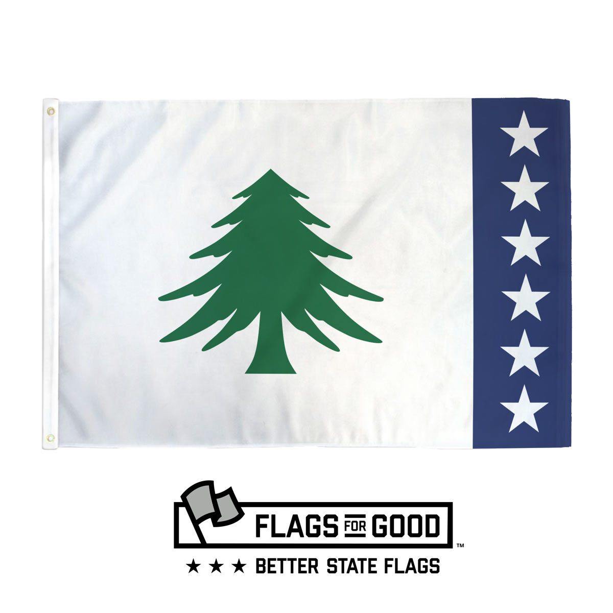 Redesigned Massachusetts flag — pine tree on white with blue fly edge and six stars, 3x4.5 ft