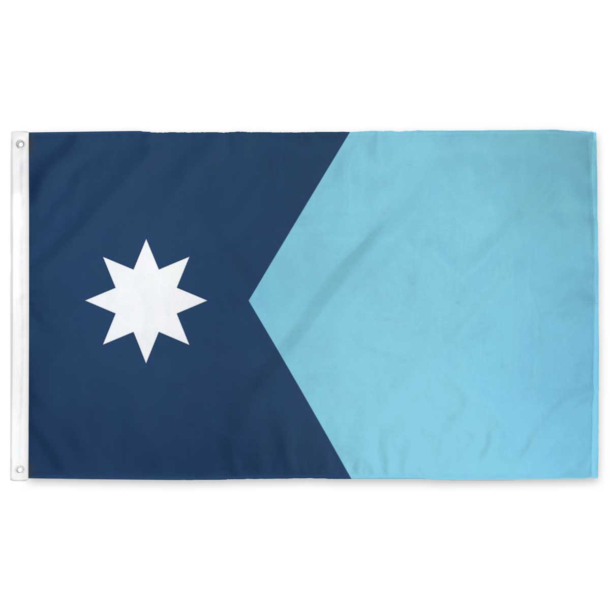 New Minnesota State Flag 2024 — blue field with abstract state shape and Dakota Star on hoist