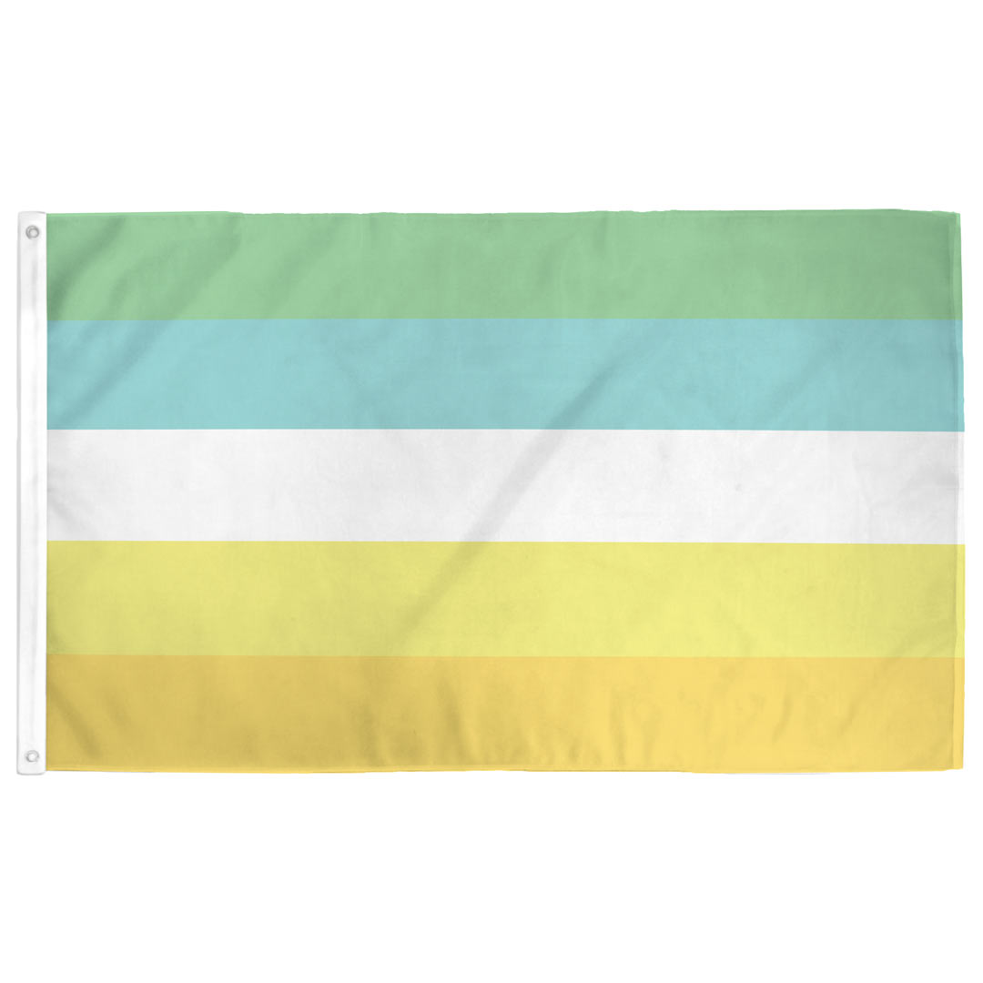 Neopronoun Pride Flag — 3×5 ft, green, blue, white, yellow, and orange horizontal stripes