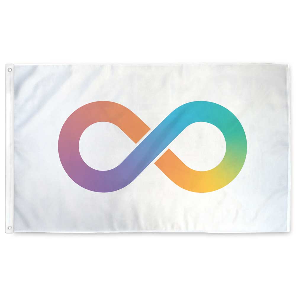 Neurodivergent Infinity Pride Flag — rainbow infinity symbol on white, 3x5 ft with grommets