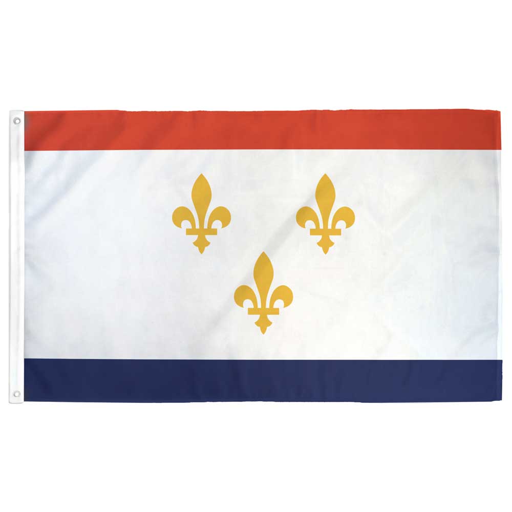 New Orleans Flag — 3×5 ft, gold fleur-de-lis on white center stripe flanked by blue bands