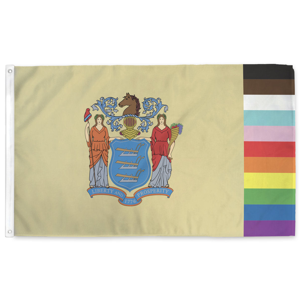 New Jersey LGBTQ+ Pride Flag — state design with rainbow fly edge, 3x5 ft with grommets