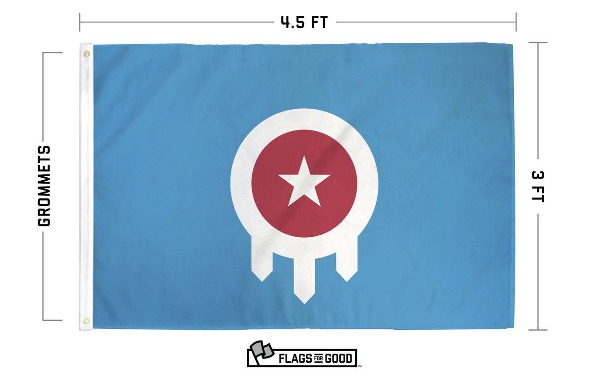 Oklahoma flag redesign size and spec diagram — 3x4.5ft with grommets