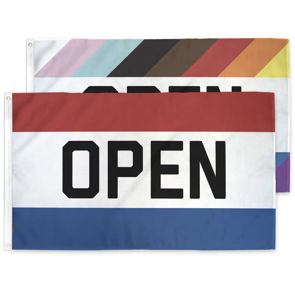 OPEN flag — both variants: red, white & blue stripes and rainbow LGBTQ+ version, 3ft x 5ft