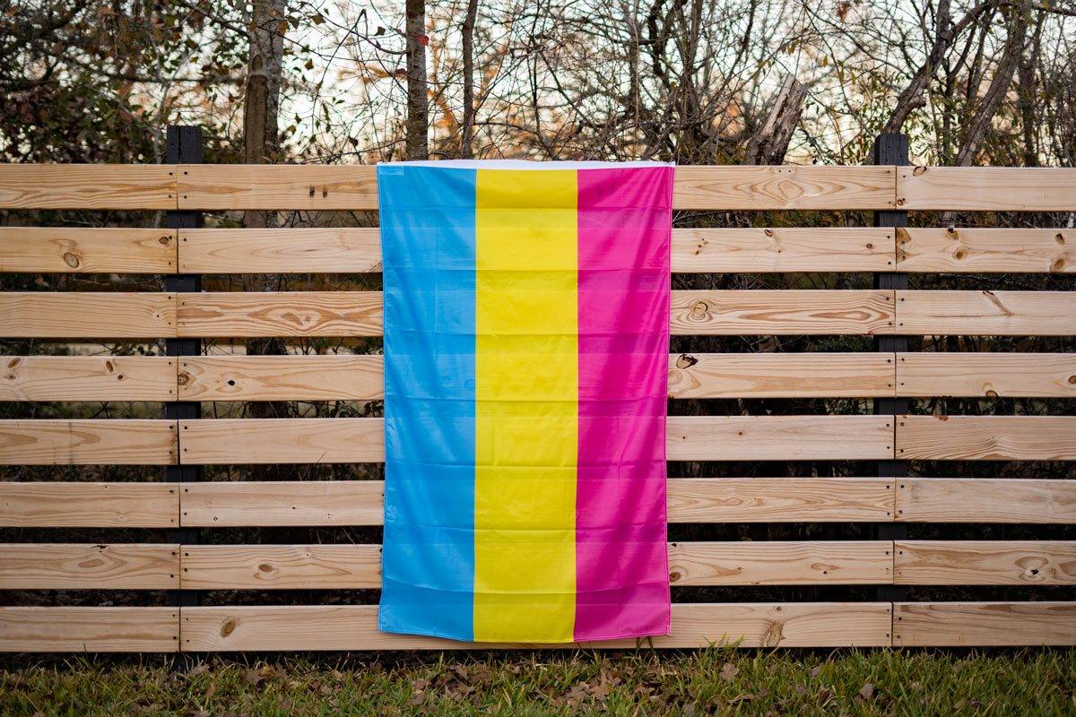 Pansexual Pride flag displayed on a fence outdoors