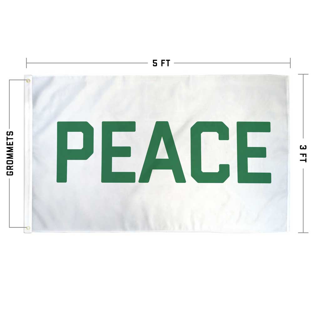 Historic Peace flag specs diagram — showing dimensions, grommets, and stitching details