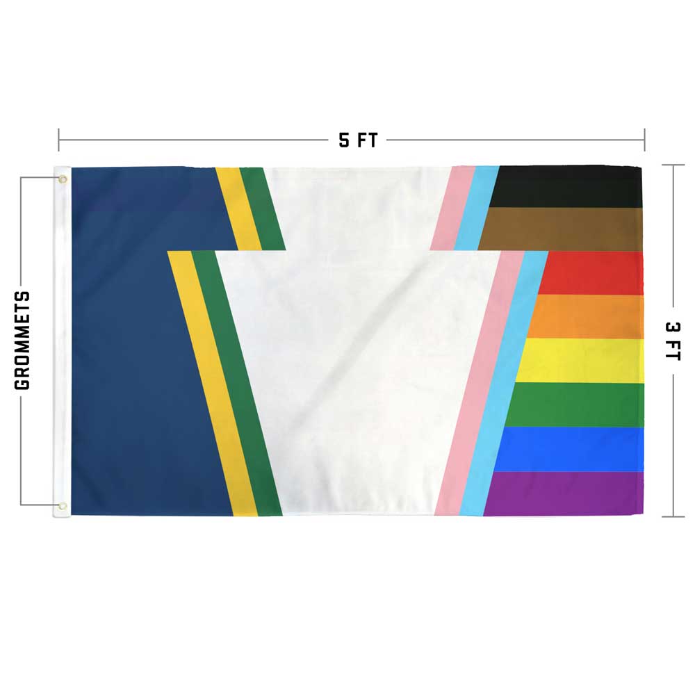 Pennsylvania Keystone Pride flag specs — size, grommet, and double-stitched edge details diagram