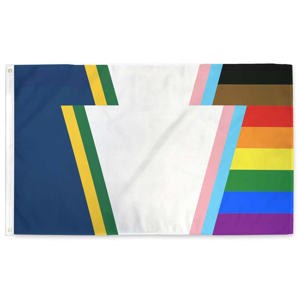 Pennsylvania Keystone Pride flag — Progress Flag colors with white keystone symbol, 3×5 ft with grommets
