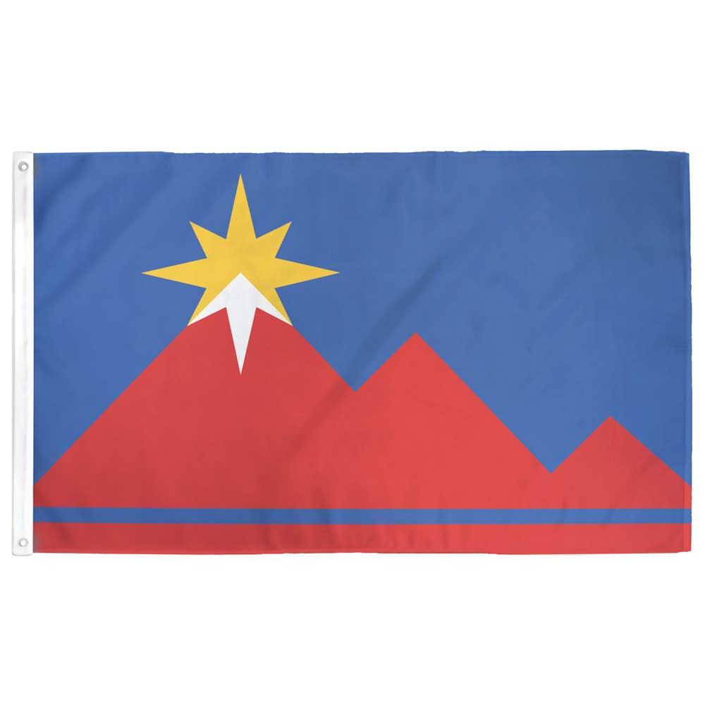 Pocatello, Idaho city flag — blue field with three mountain peaks and symbolic design elements, grommets