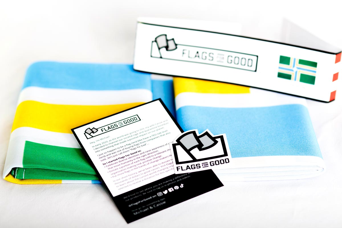 Portland Flag unfolded flat, showing full green, yellow, and blue design