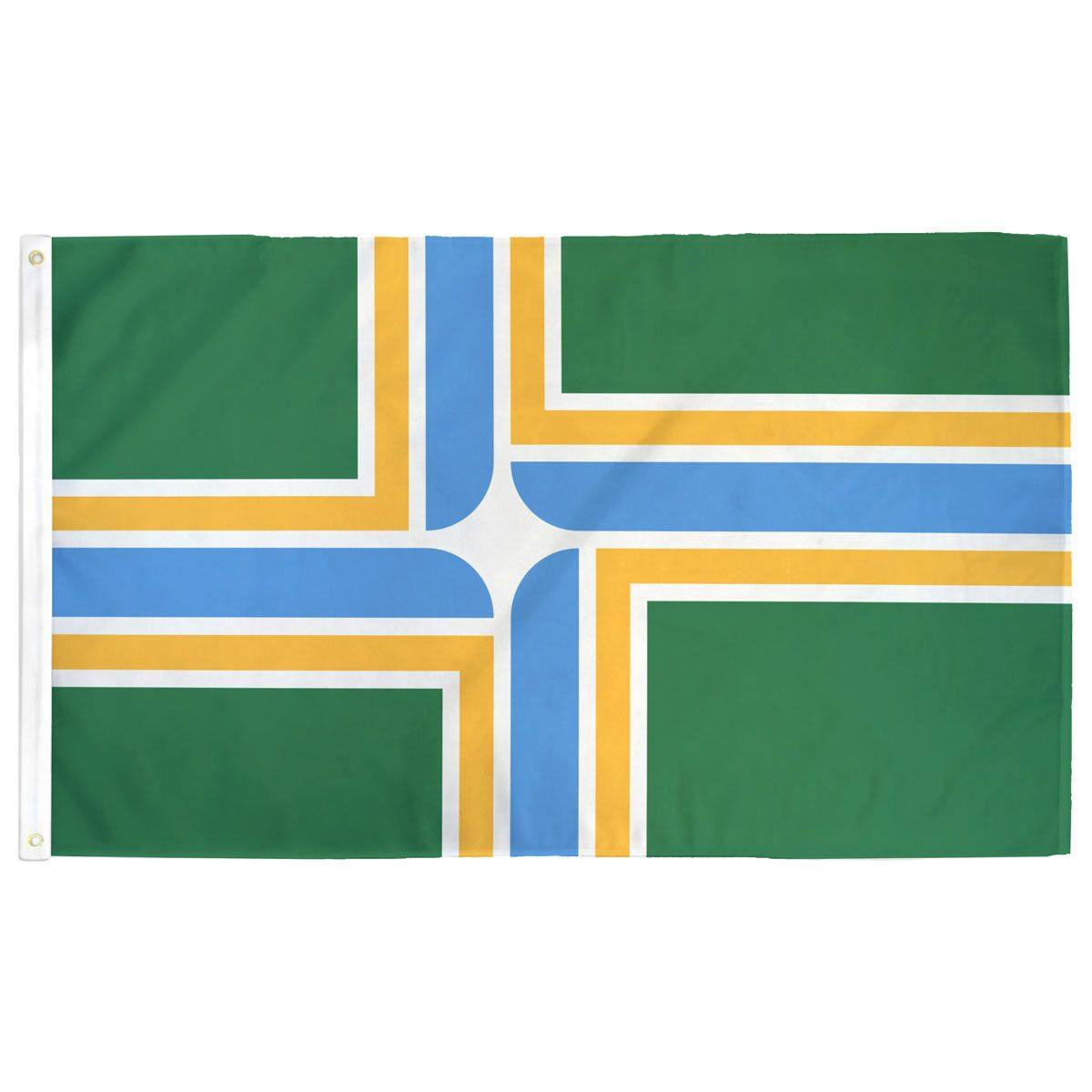 Portland Flag — 3x5 ft, green, yellow, and blue horizontal stripes with city seal
